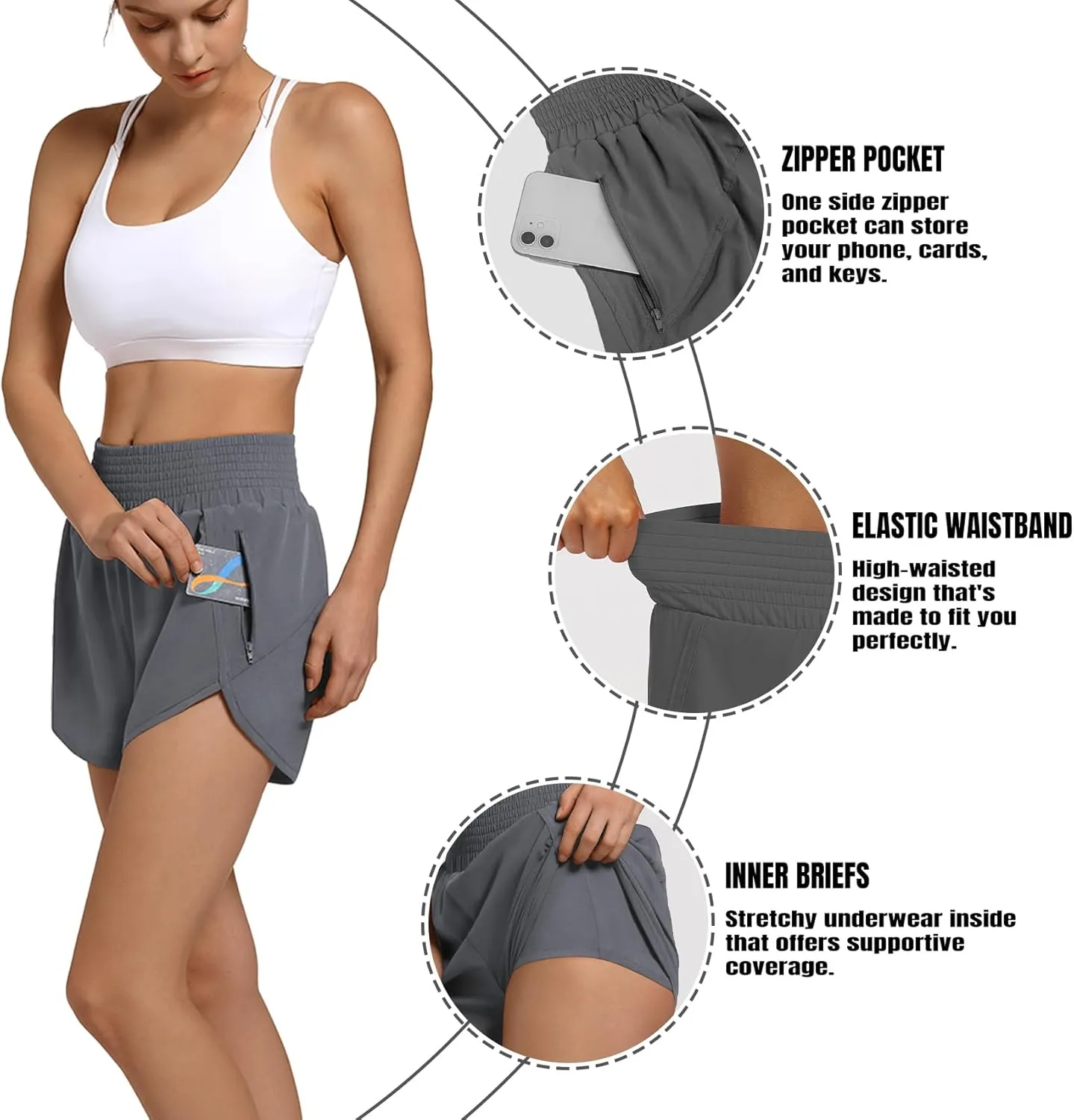 Women's High Waist Athletic Shorts Quick Dry Sporty Workout Running Shorts for Women with Zipper Pocket
