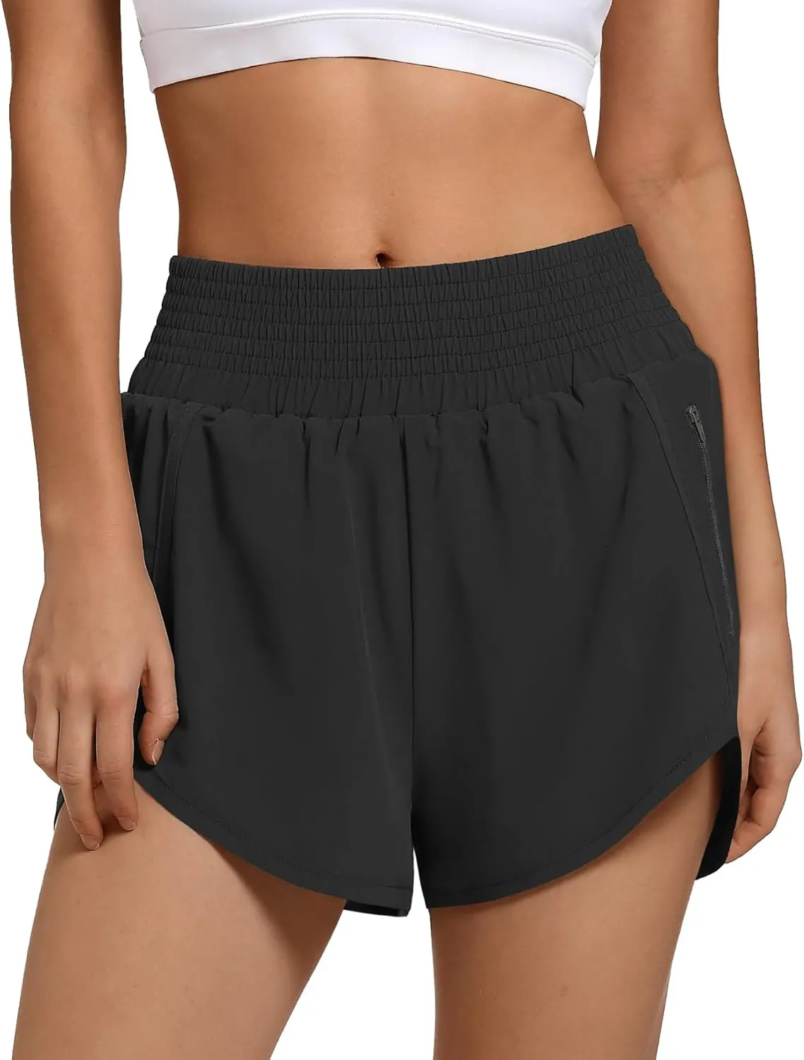 Women's High Waist Athletic Shorts Quick Dry Sporty Workout Running Shorts for Women with Zipper Pocket