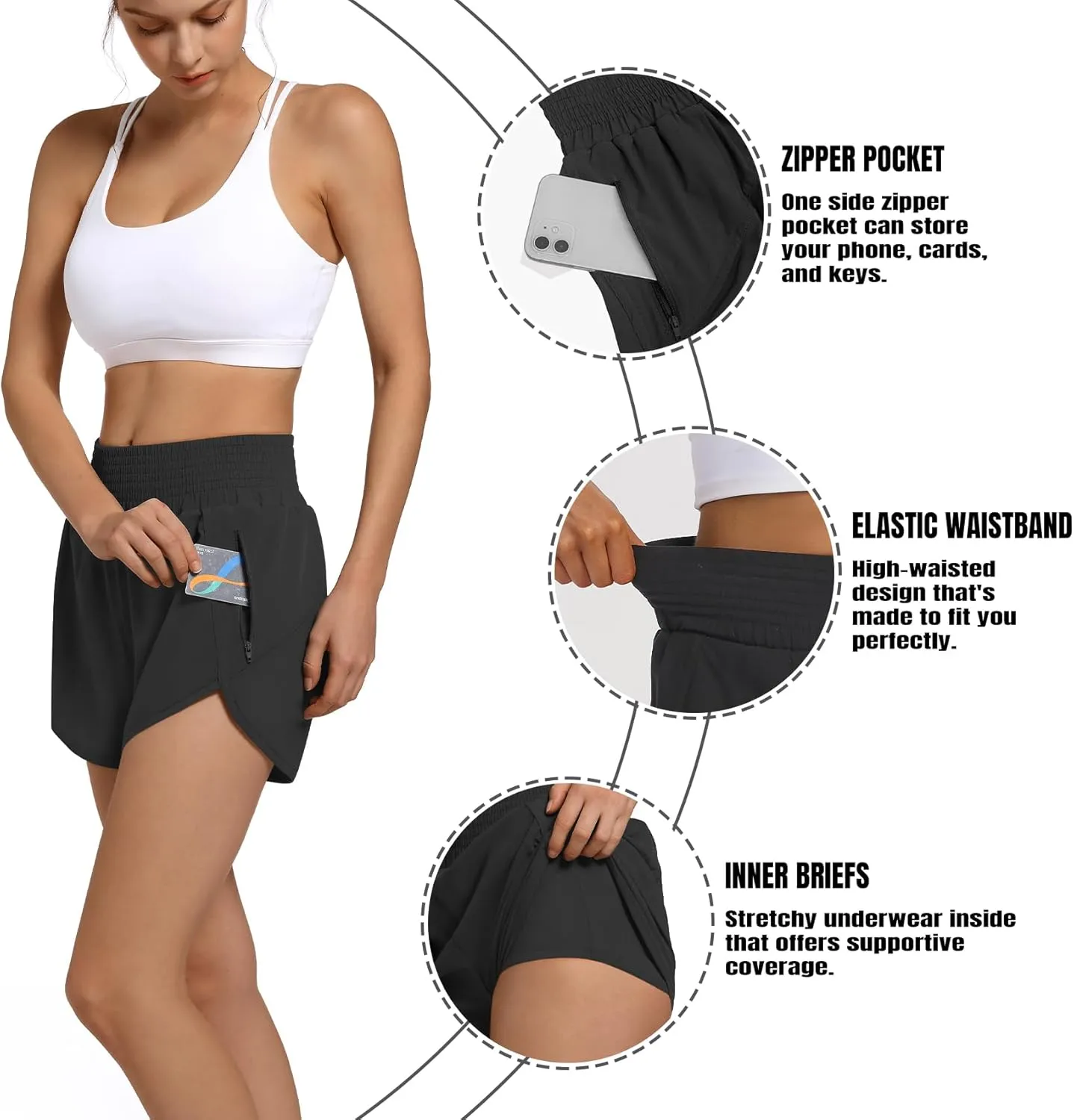Women's High Waist Athletic Shorts Quick Dry Sporty Workout Running Shorts for Women with Zipper Pocket
