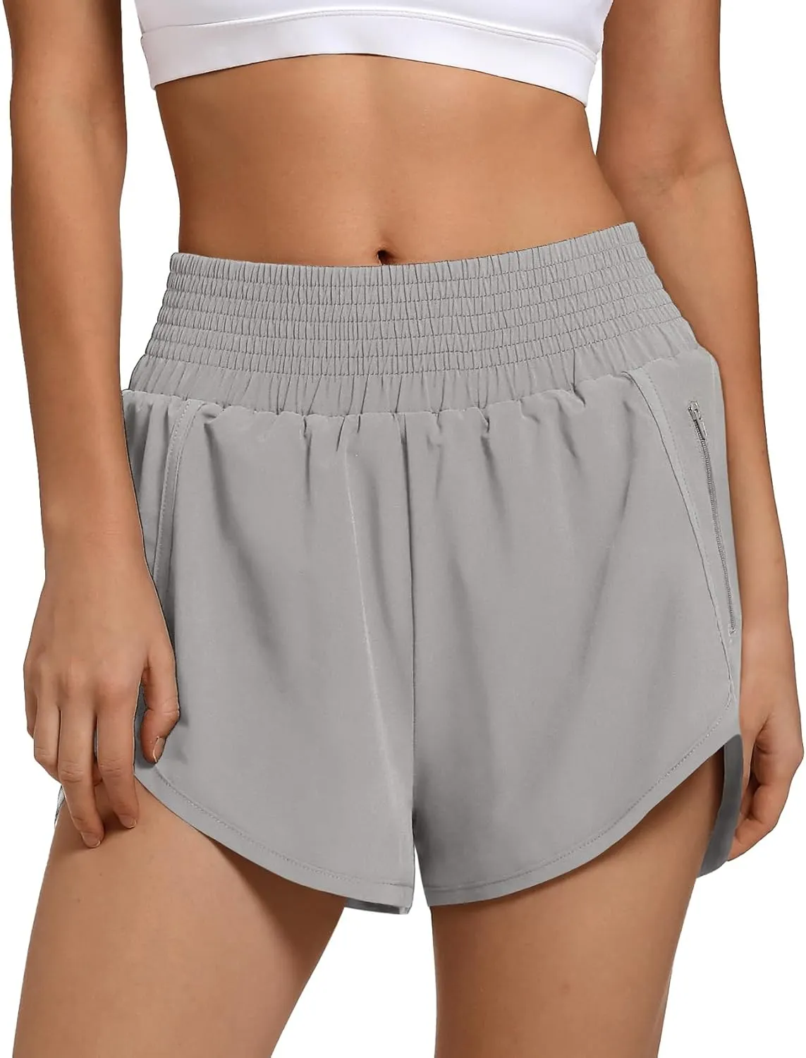 Women's High Waist Athletic Shorts Quick Dry Sporty Workout Running Shorts for Women with Zipper Pocket