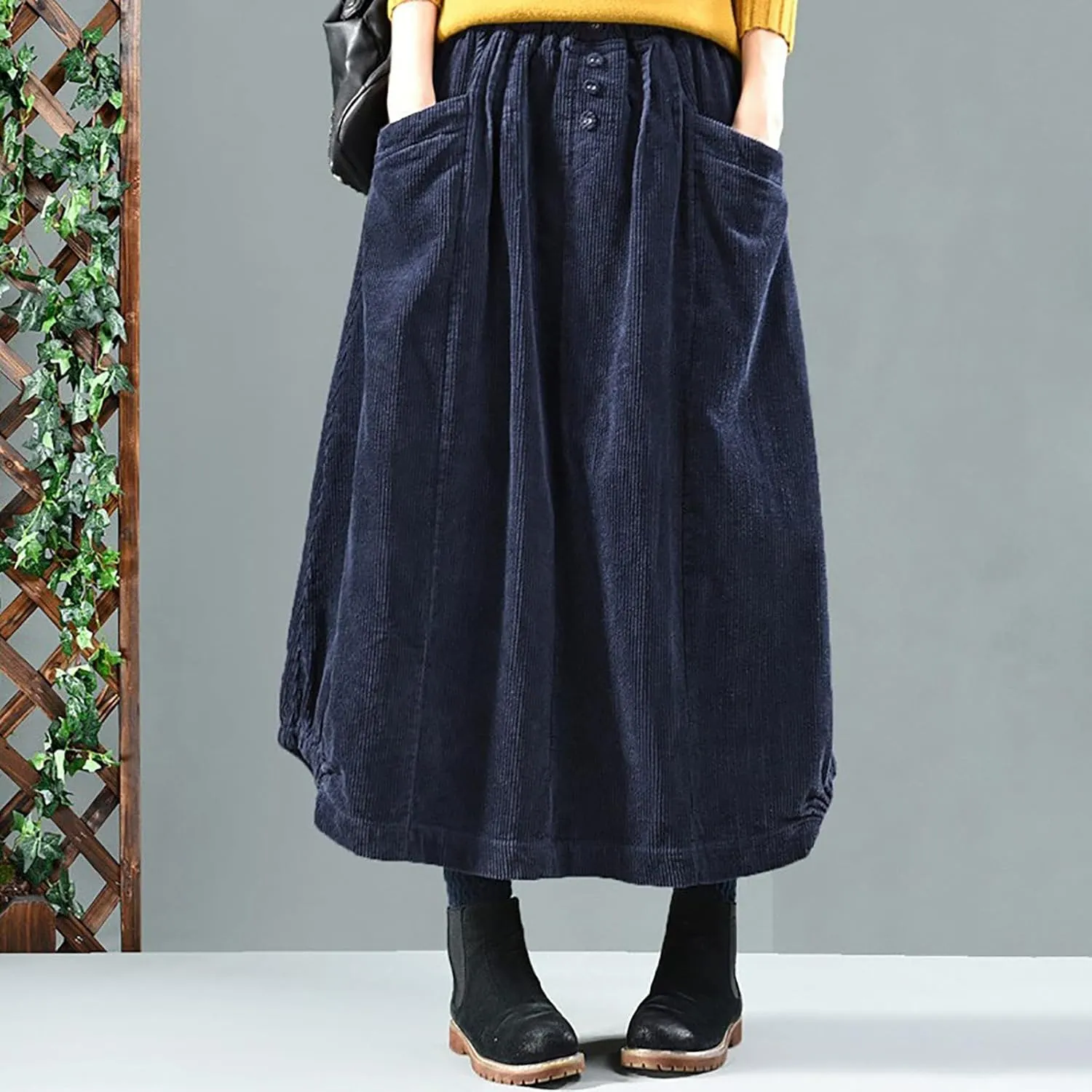 Women's High Waist Midi Skirt Vintage Elastic A-Line Pleated Button Front Skirts with Pockets