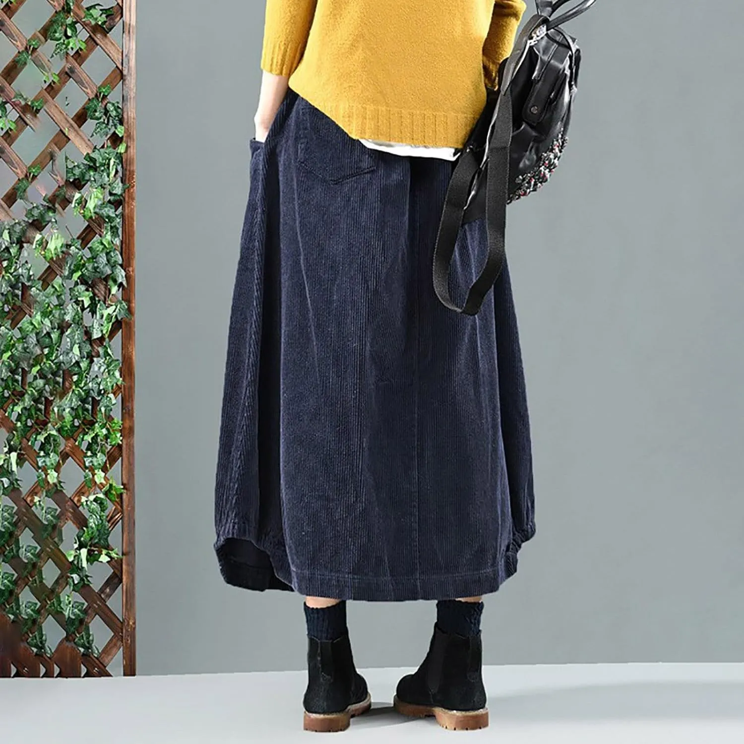 Women's High Waist Midi Skirt Vintage Elastic A-Line Pleated Button Front Skirts with Pockets