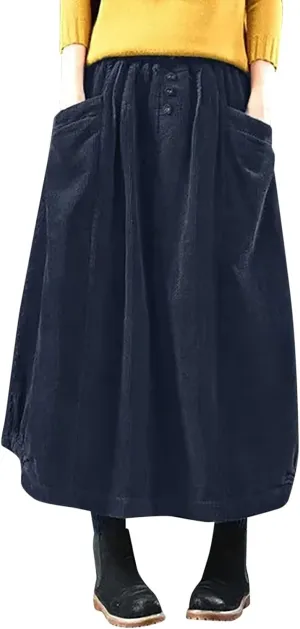 Women's High Waist Midi Skirt Vintage Elastic A-Line Pleated Button Front Skirts with Pockets