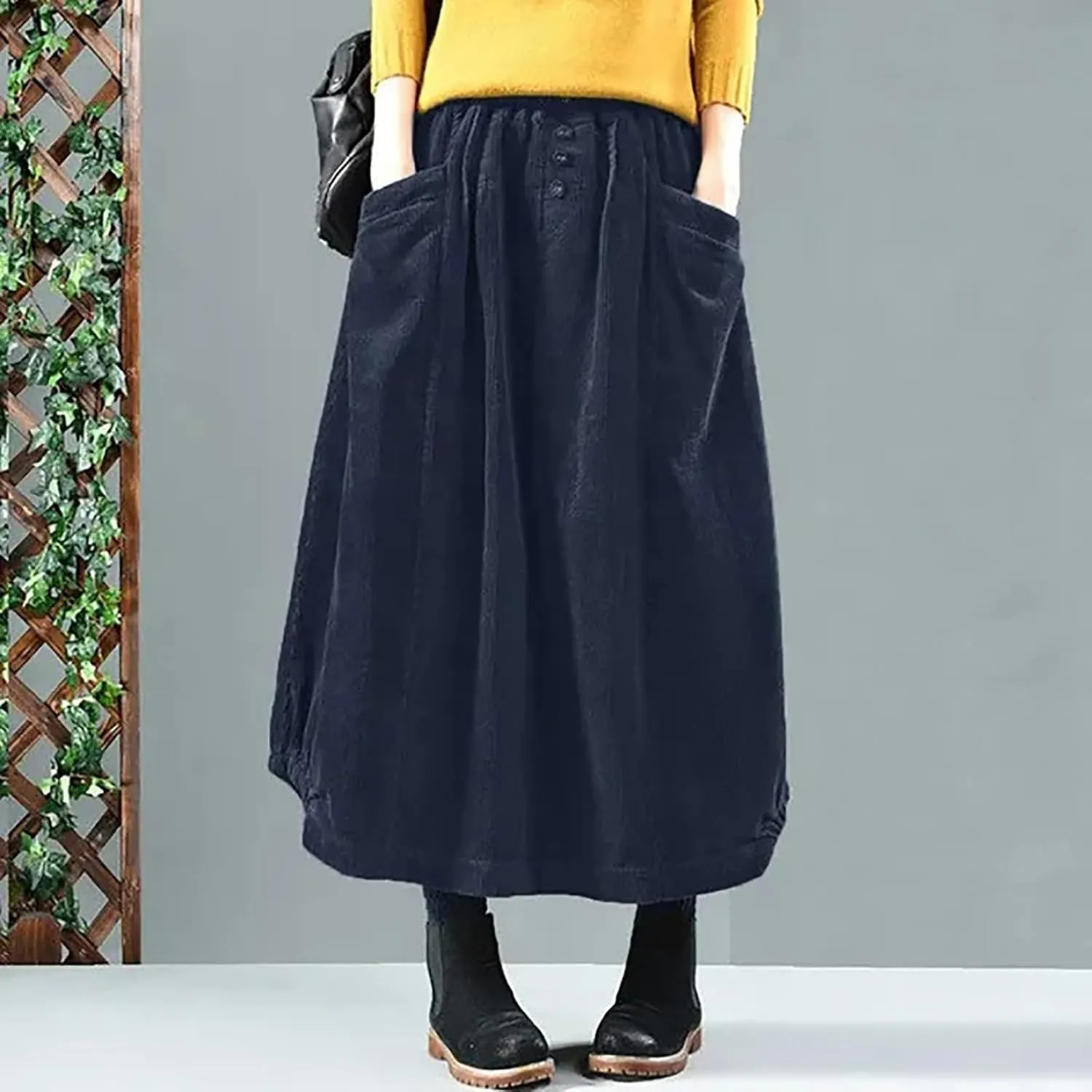 Women's High Waist Midi Skirt Vintage Elastic A-Line Pleated Button Front Skirts with Pockets