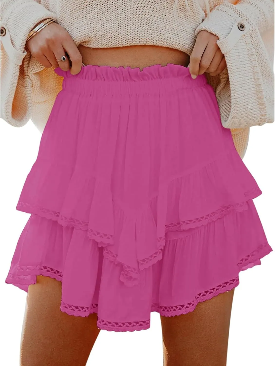 Womens High Waist Ruffle Flowy Mini Skirts Boho Ruffled Tiered Skorts Smocked Waist A Line Short Skirt