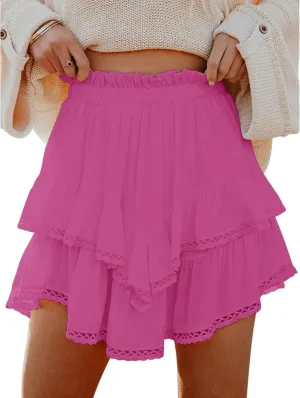 Womens High Waist Ruffle Flowy Mini Skirts Boho Ruffled Tiered Skorts Smocked Waist A Line Short Skirt