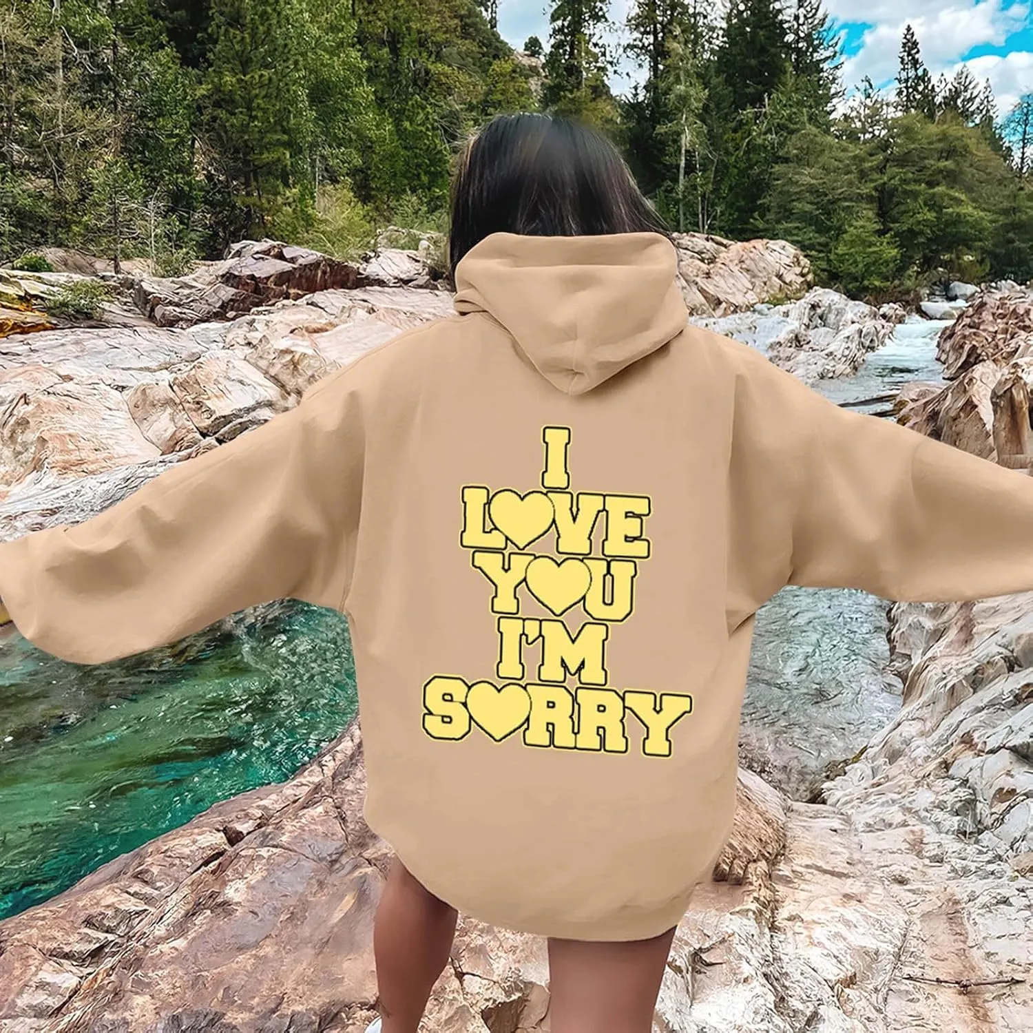 Womens I Love You I'm Sorry Letter Printed Front Back Fall Winter Hoodies Unisex Long Sleeve Hooded Sweatshirts