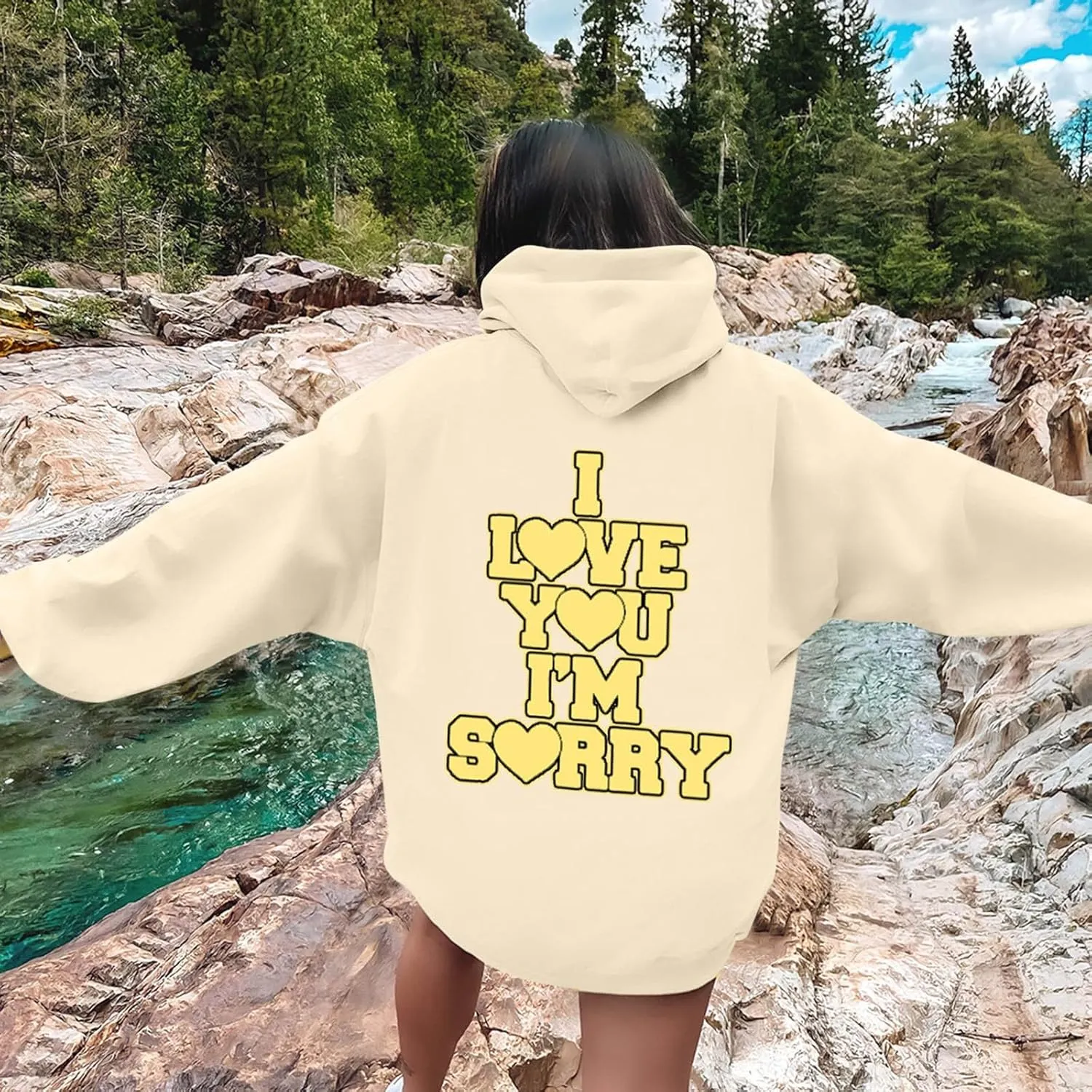 Womens I Love You I'm Sorry Letter Printed Front Back Fall Winter Hoodies Unisex Long Sleeve Hooded Sweatshirts