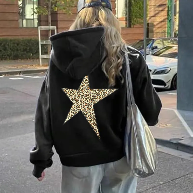 Women's Leopard Star Hoodie Casual Hoodies Pullover Star Graphic Hoodies Oversized Y2k Leopard Print Hooded Sweatshirt