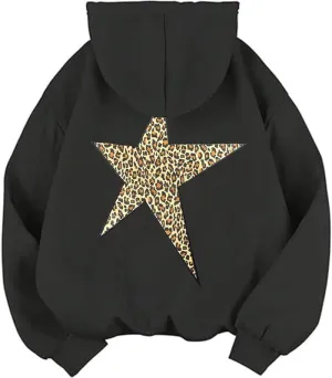 Women's Leopard Star Hoodie Casual Hoodies Pullover Star Graphic Hoodies Oversized Y2k Leopard Print Hooded Sweatshirt
