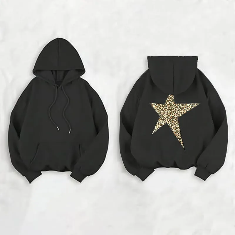 Women's Leopard Star Hoodie Casual Hoodies Pullover Star Graphic Hoodies Oversized Y2k Leopard Print Hooded Sweatshirt