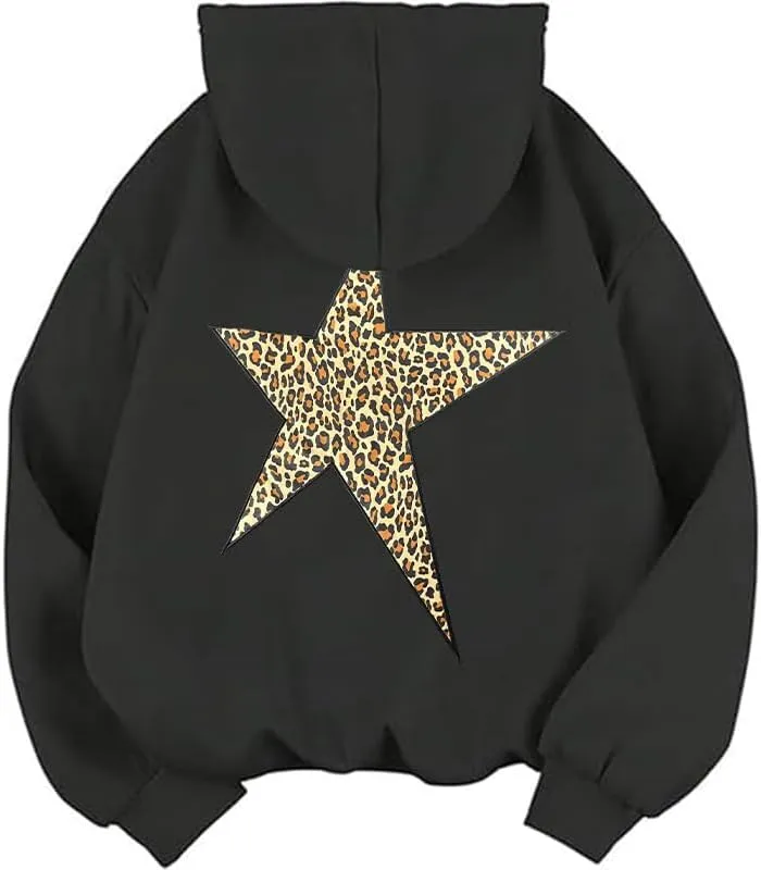 Women's Leopard Star Hoodie Casual Hoodies Pullover Star Graphic Hoodies Oversized Y2k Leopard Print Hooded Sweatshirt