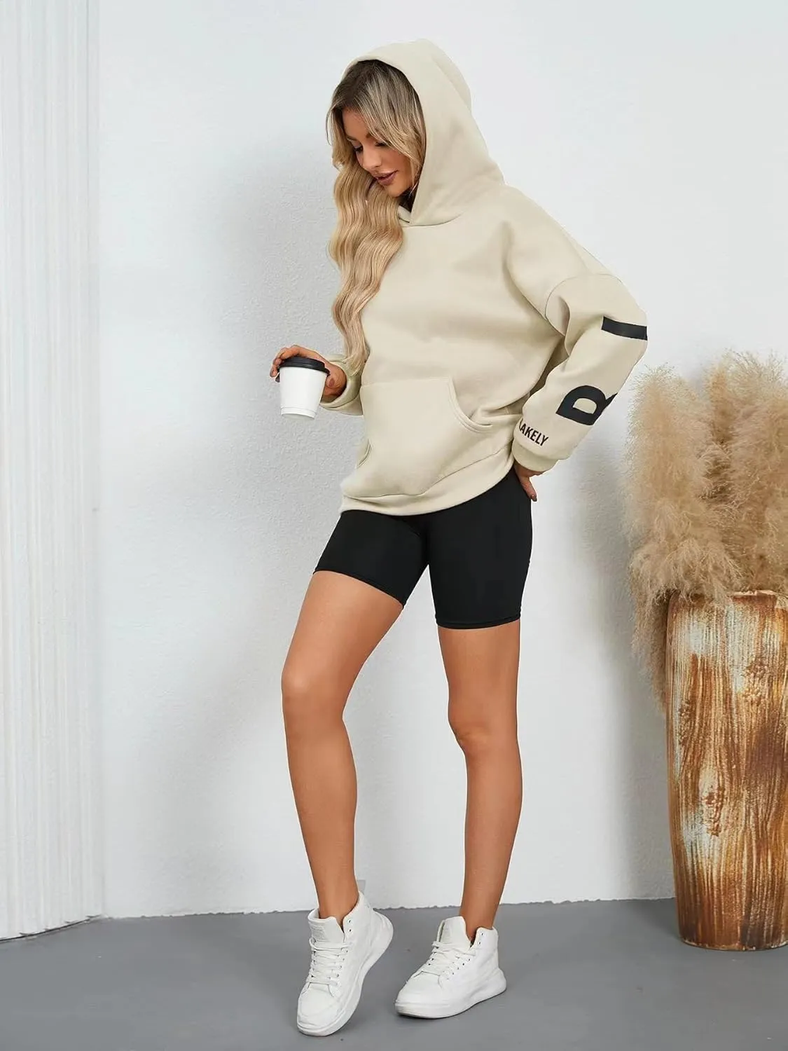 Womens Letter Graphic Print Hoodies Oversized Long Sleeve Casual Drawstring Fall Pullover Sweatshirt Tops
