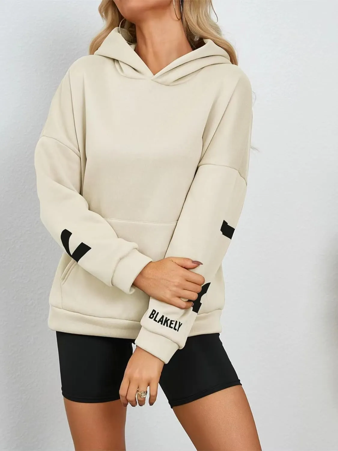 Womens Letter Graphic Print Hoodies Oversized Long Sleeve Casual Drawstring Fall Pullover Sweatshirt Tops