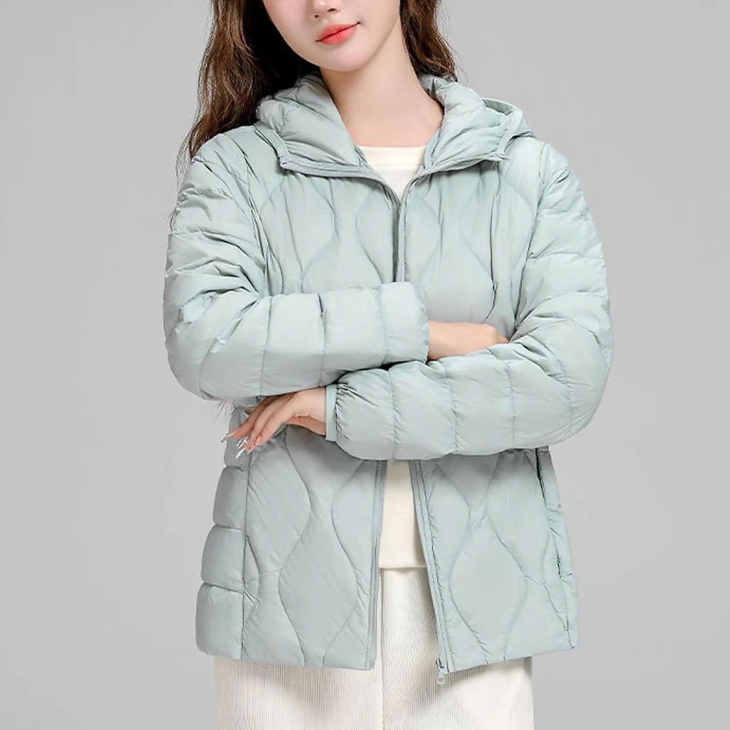 Women's Lightweight Down Coat Long Sleeve Full Zipper Puffer Padded Jackets Fall Winter Coat Casual Fashion Outerwear