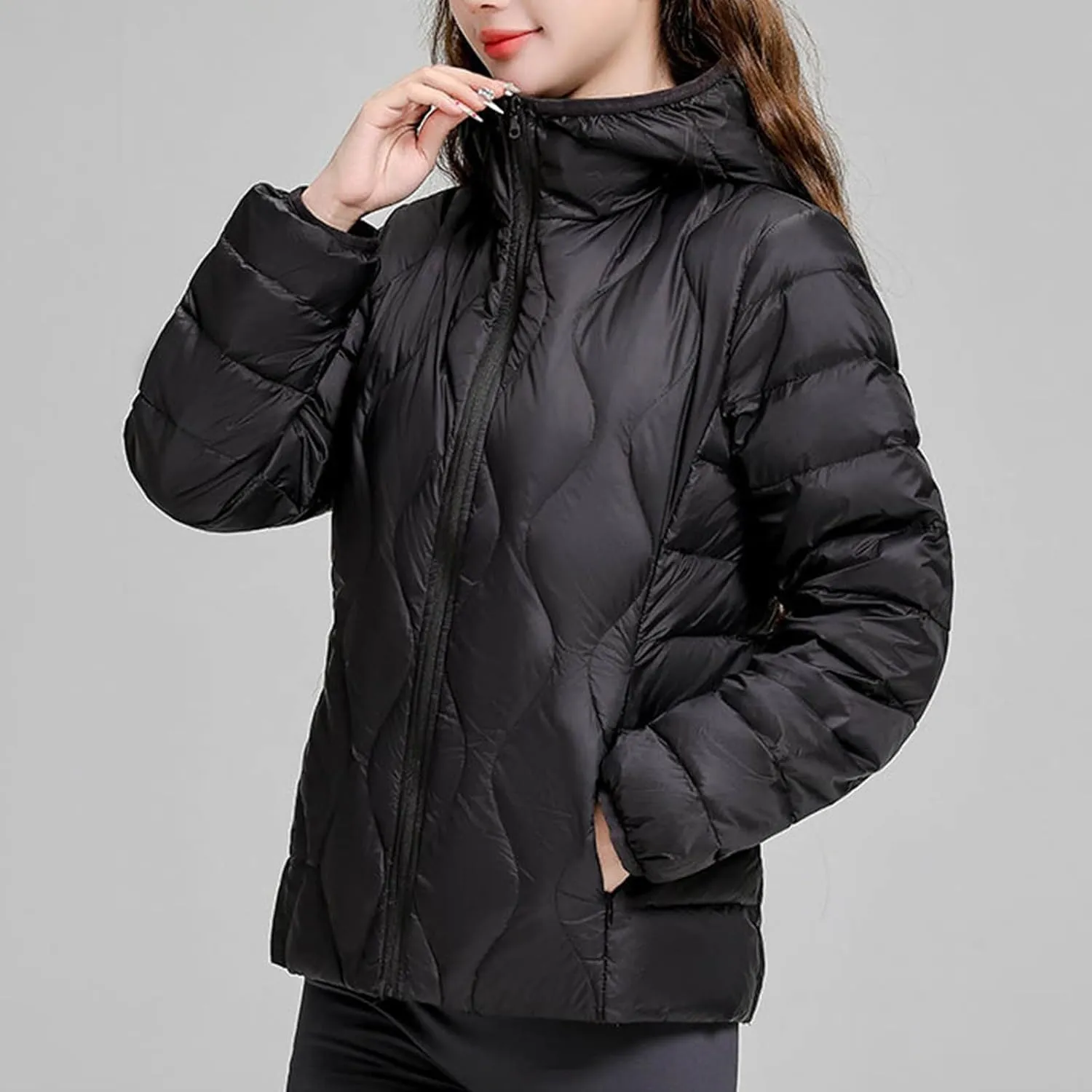Women's Lightweight Down Coat Long Sleeve Full Zipper Puffer Padded Jackets Fall Winter Coat Casual Fashion Outerwear
