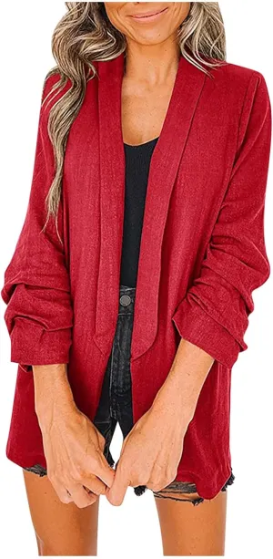 Womens Linen Blazer Casual Ruched 3/4 Sleeve Open Front Notched Lapel Jackets Lightweight Work Office Blazer Jackets