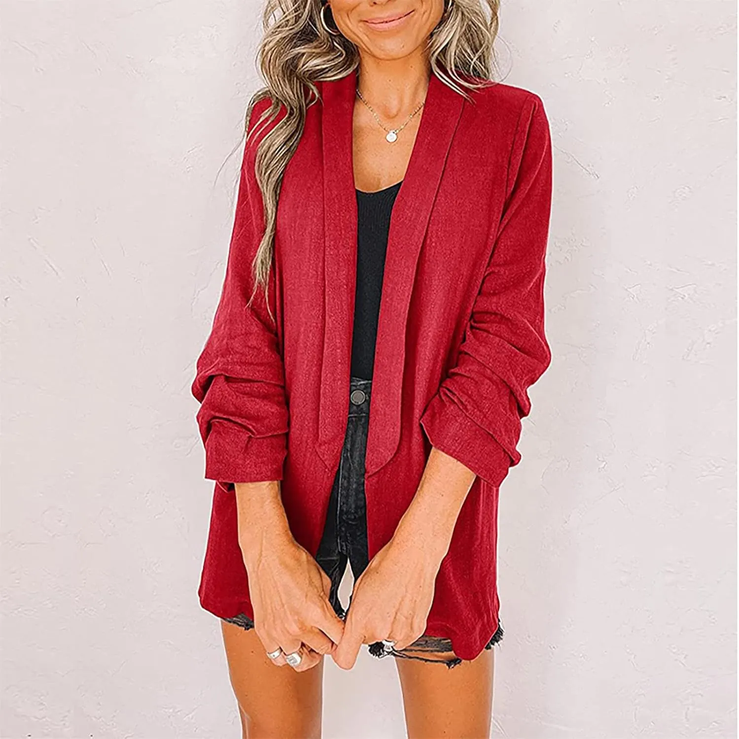 Womens Linen Blazer Casual Ruched 3/4 Sleeve Open Front Notched Lapel Jackets Lightweight Work Office Blazer Jackets