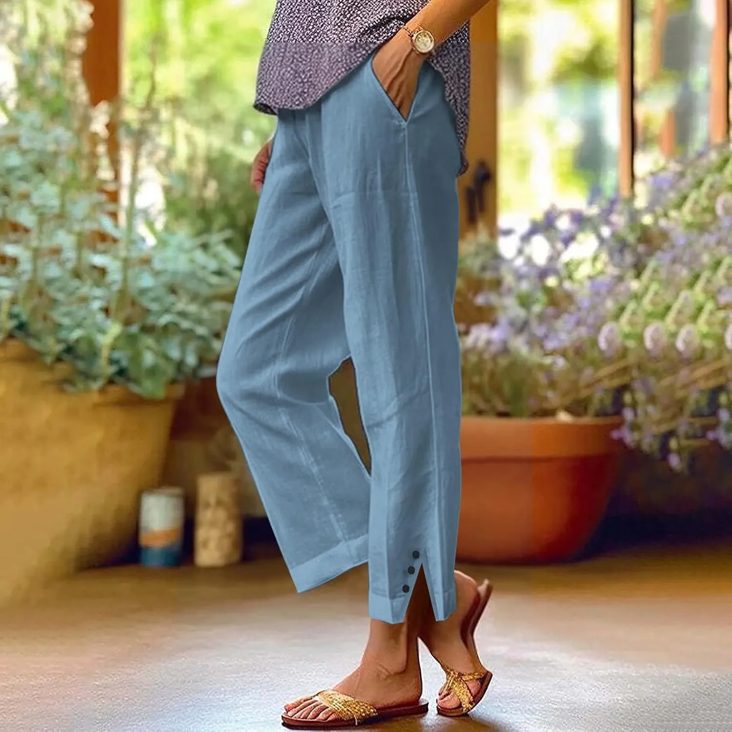 Womens Linen Capris Pants Elastic Waist Drawstring Summer Loose Breathing Cropped Trousers Beach Travel Boho Pants