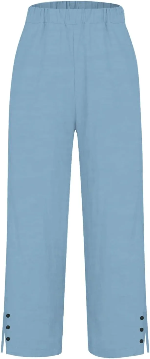 Womens Linen Capris Pants Elastic Waist Drawstring Summer Loose Breathing Cropped Trousers Beach Travel Boho Pants