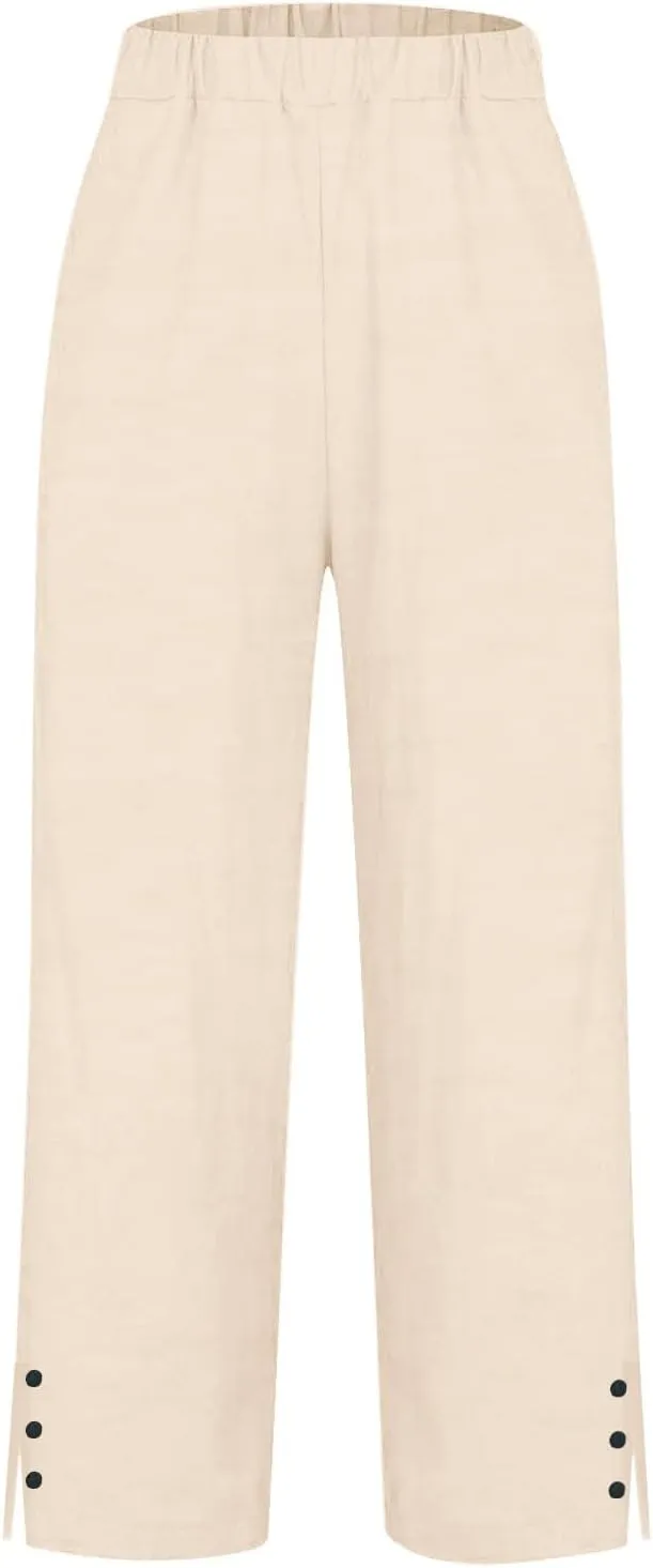 Womens Linen Capris Pants Elastic Waist Drawstring Summer Loose Breathing Cropped Trousers Beach Travel Boho Pants