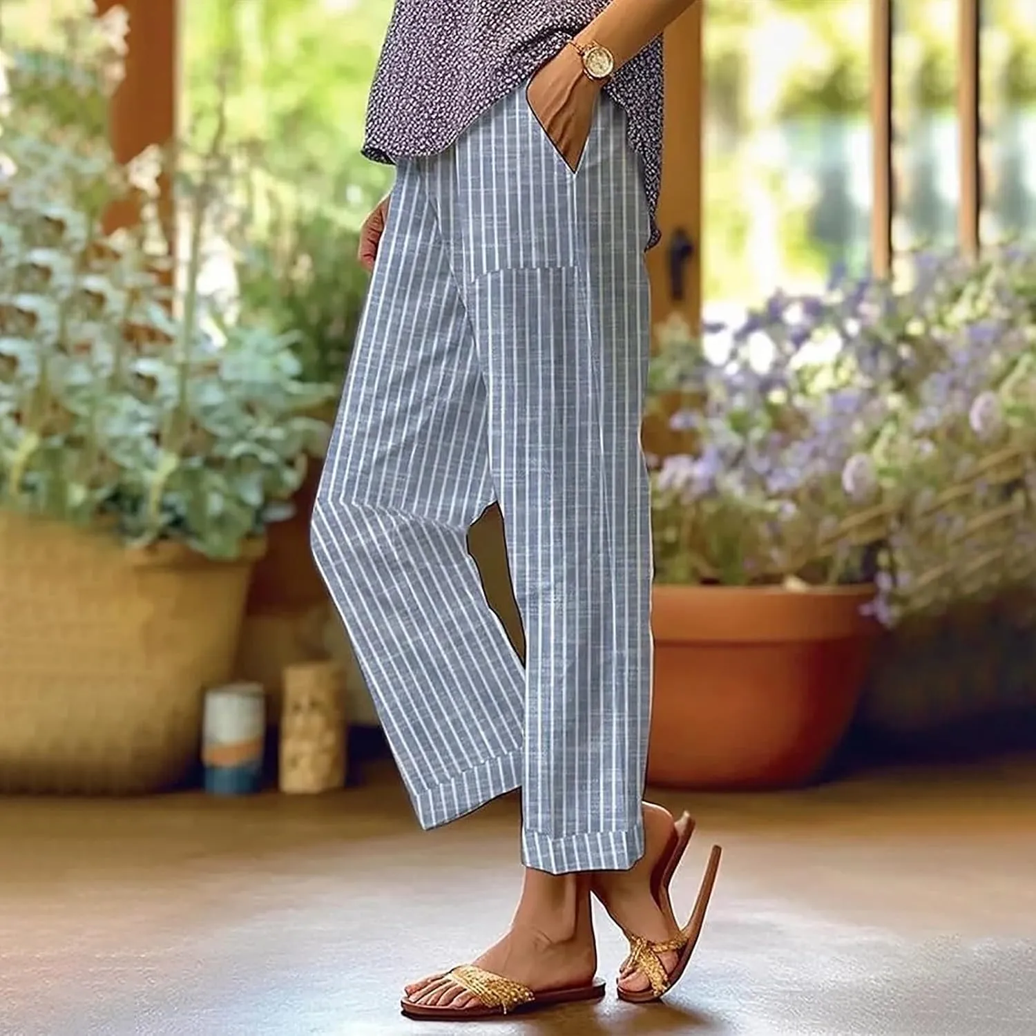 Womens Linen Capris Pants Elastic Waist Drawstring Summer Loose Breathing Cropped Trousers Beach Travel Boho Pants