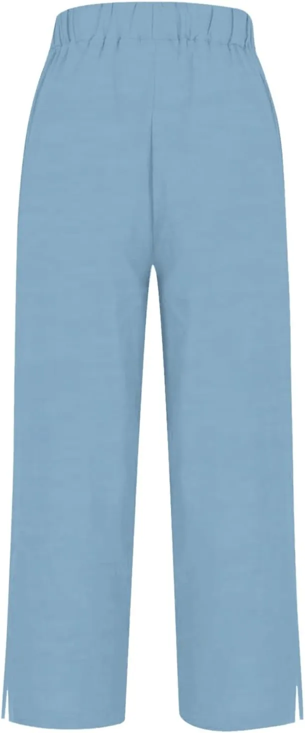 Womens Linen Capris Pants Elastic Waist Drawstring Summer Loose Breathing Cropped Trousers Beach Travel Boho Pants