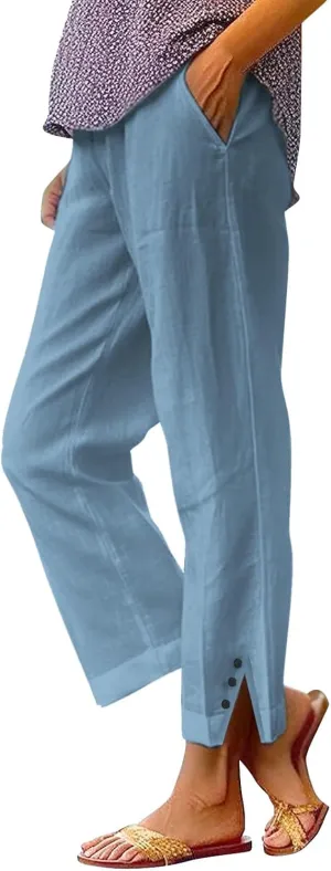 Womens Linen Capris Pants Elastic Waist Drawstring Summer Loose Breathing Cropped Trousers Beach Travel Boho Pants