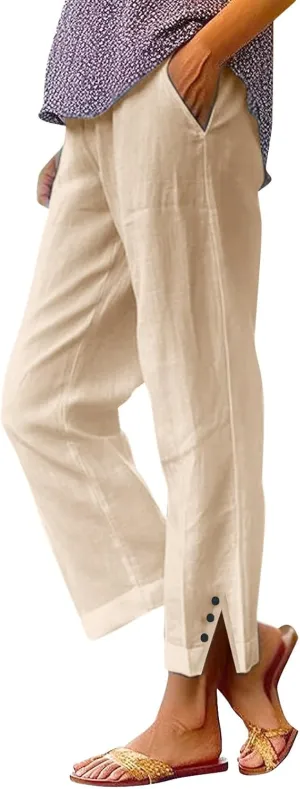 Womens Linen Capris Pants Elastic Waist Drawstring Summer Loose Breathing Cropped Trousers Beach Travel Boho Pants