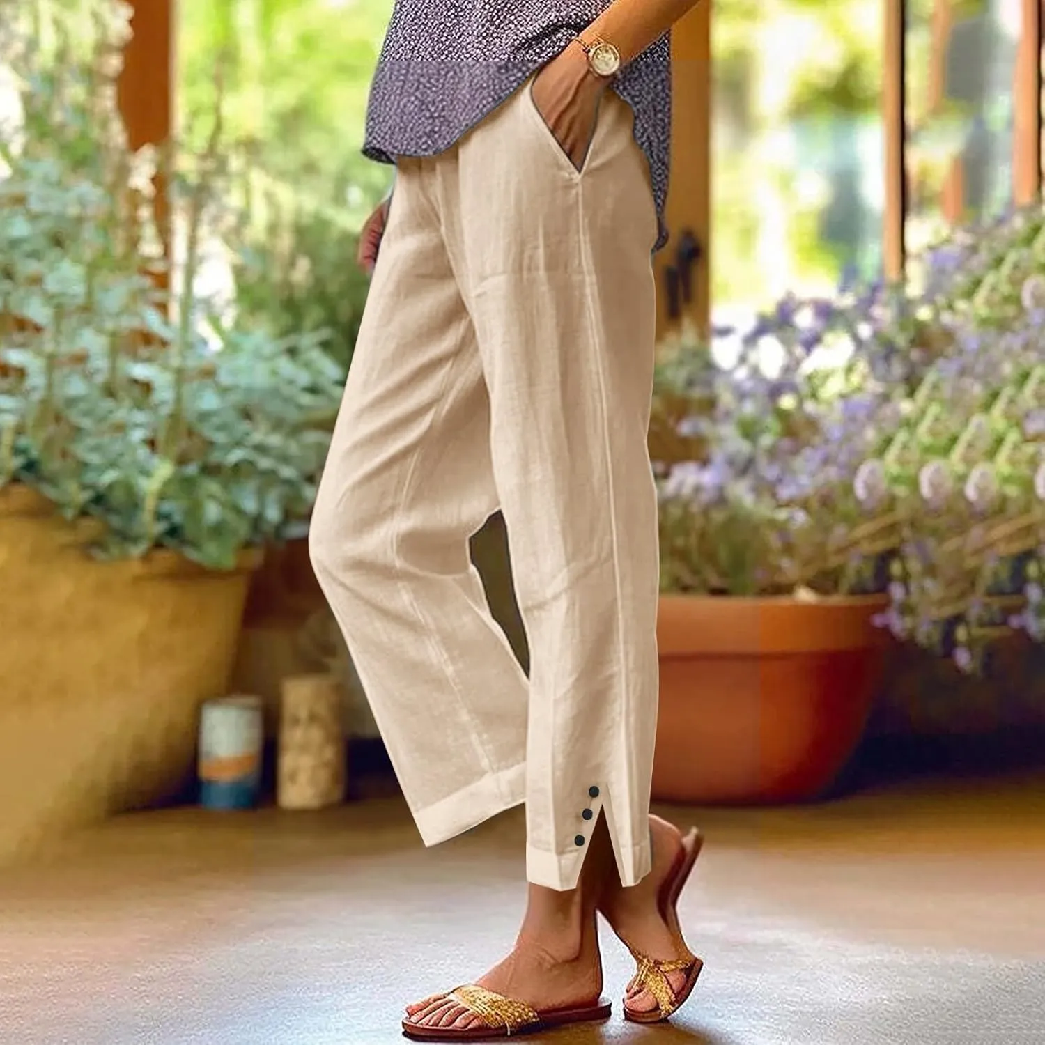 Womens Linen Capris Pants Elastic Waist Drawstring Summer Loose Breathing Cropped Trousers Beach Travel Boho Pants