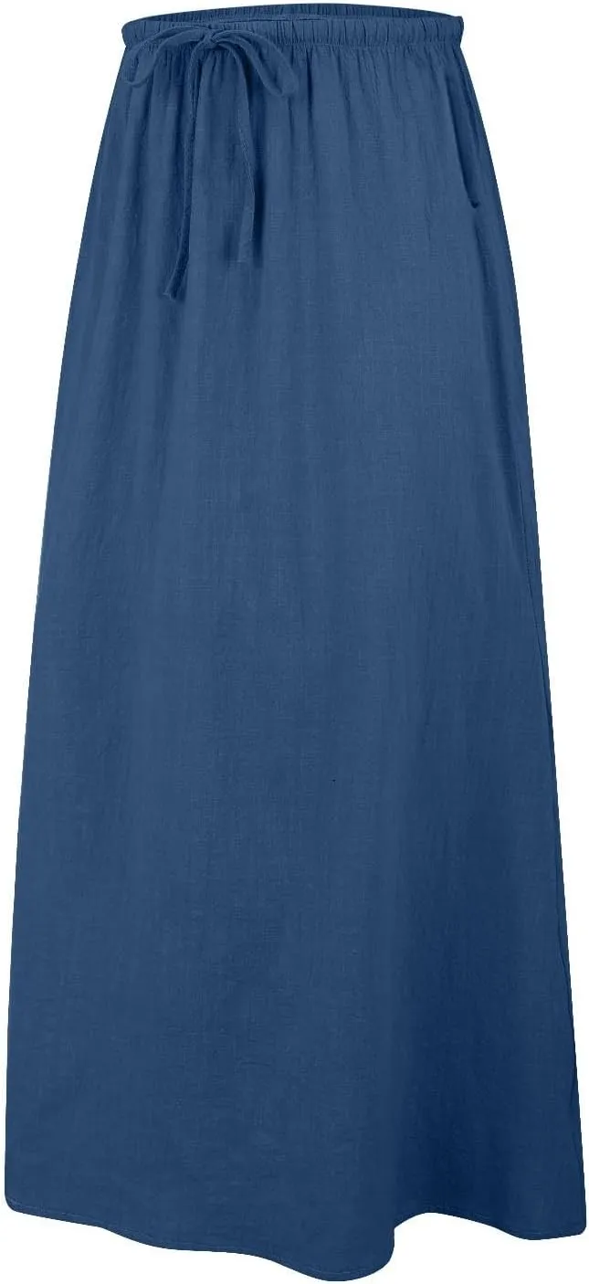 Womens Linen Maxi Skirt Elastic Waist Drawstring Flared Long Ankle-Length Dress Cute Vacation Boho Long Flowy Skirts