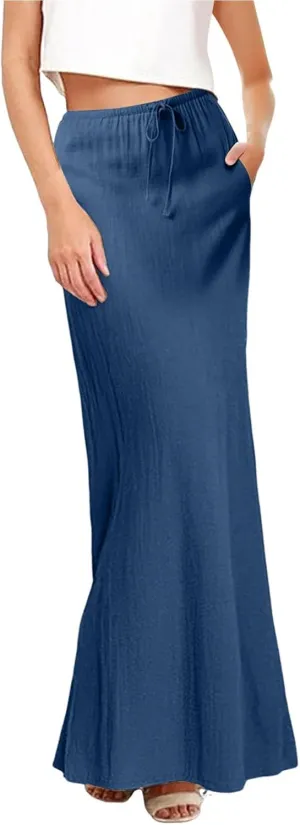 Womens Linen Maxi Skirt Elastic Waist Drawstring Flared Long Ankle-Length Dress Cute Vacation Boho Long Flowy Skirts