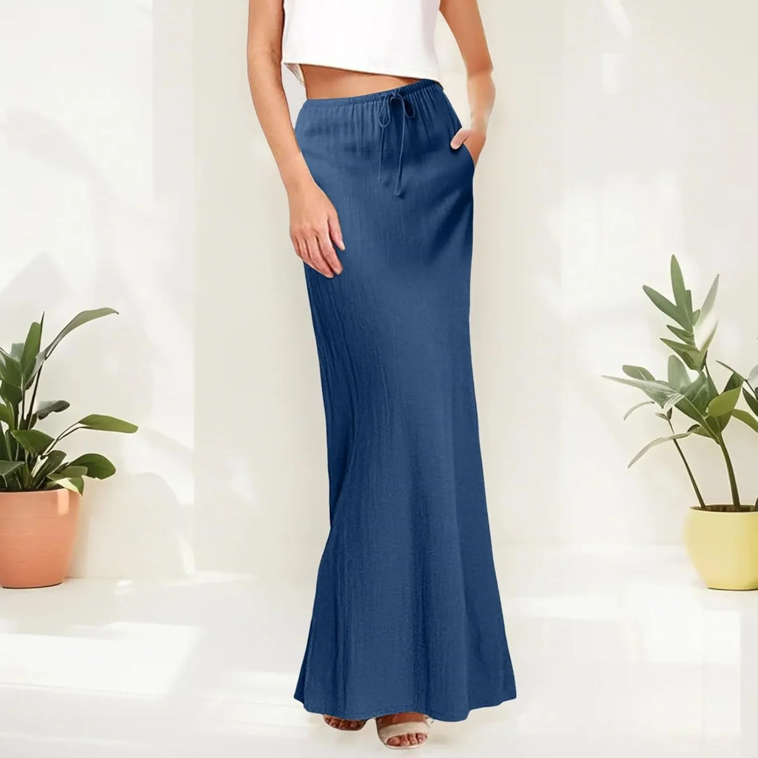 Womens Linen Maxi Skirt Elastic Waist Drawstring Flared Long Ankle-Length Dress Cute Vacation Boho Long Flowy Skirts