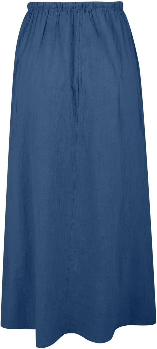 Womens Linen Maxi Skirt Elastic Waist Drawstring Flared Long Ankle-Length Dress Cute Vacation Boho Long Flowy Skirts