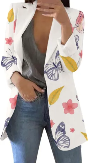 Women's Long Blazer Casual Printed Suit Sleeve Loose Comfortable Cardigan Coat Blazers for Work Casual