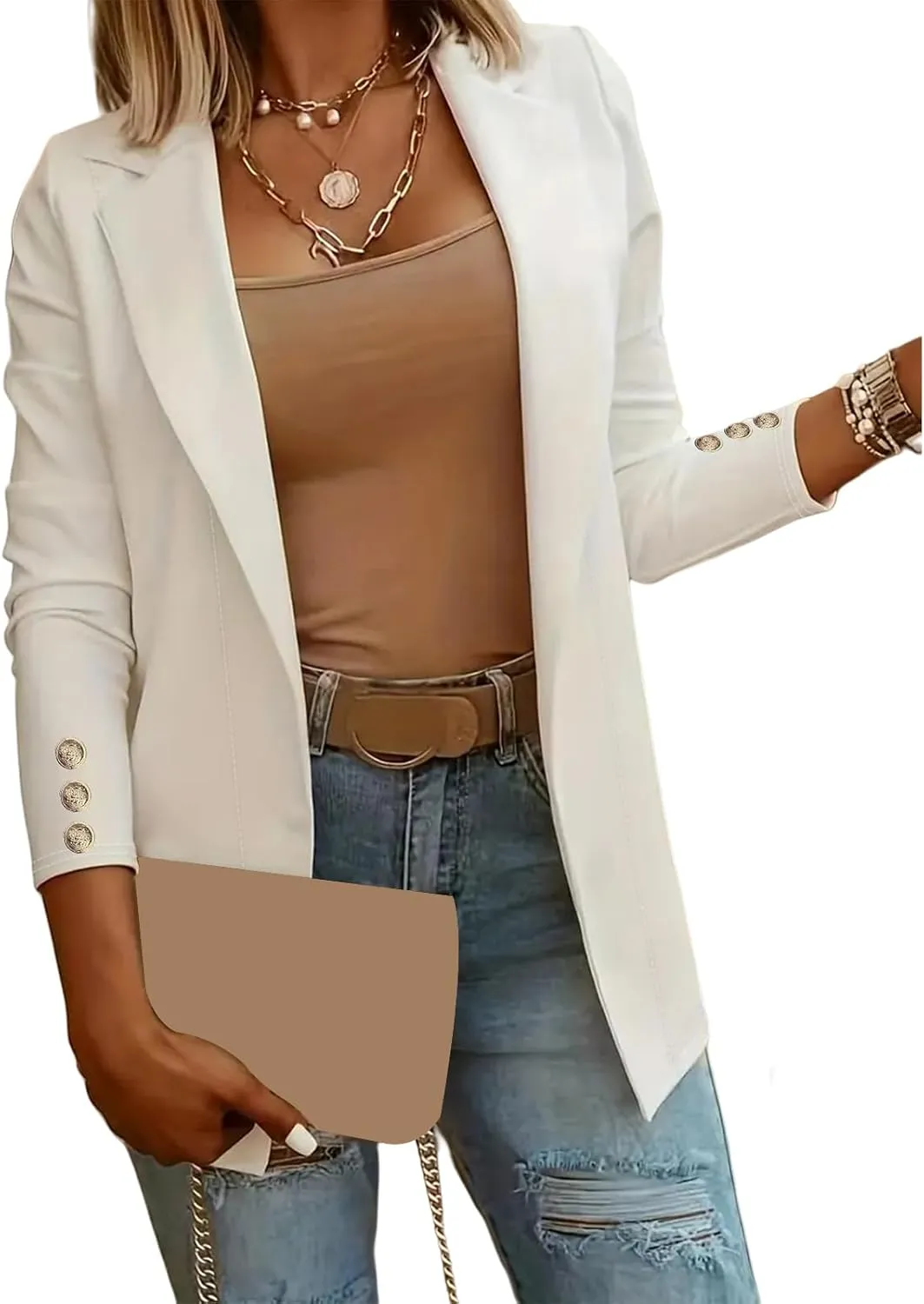 Womens Long Sleeve Blazers Dressy Lapel Open Front Blazer Casual Solid Color Lightweight Suit Jacket with Buttons