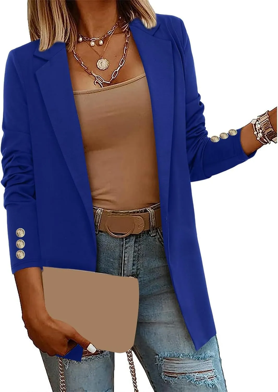 Womens Long Sleeve Blazers Dressy Lapel Open Front Blazer Casual Solid Color Lightweight Suit Jacket with Buttons