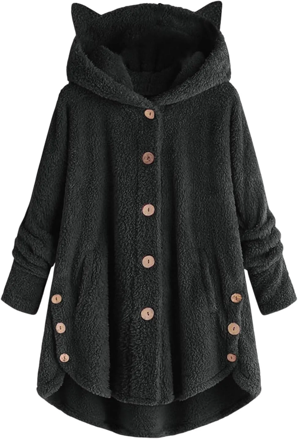 Women's Long Sleeve Hoodies Coat Cat Ear Cap Plush Tops Casual Loose Plus Size Button Stitching Pullover Sweaters