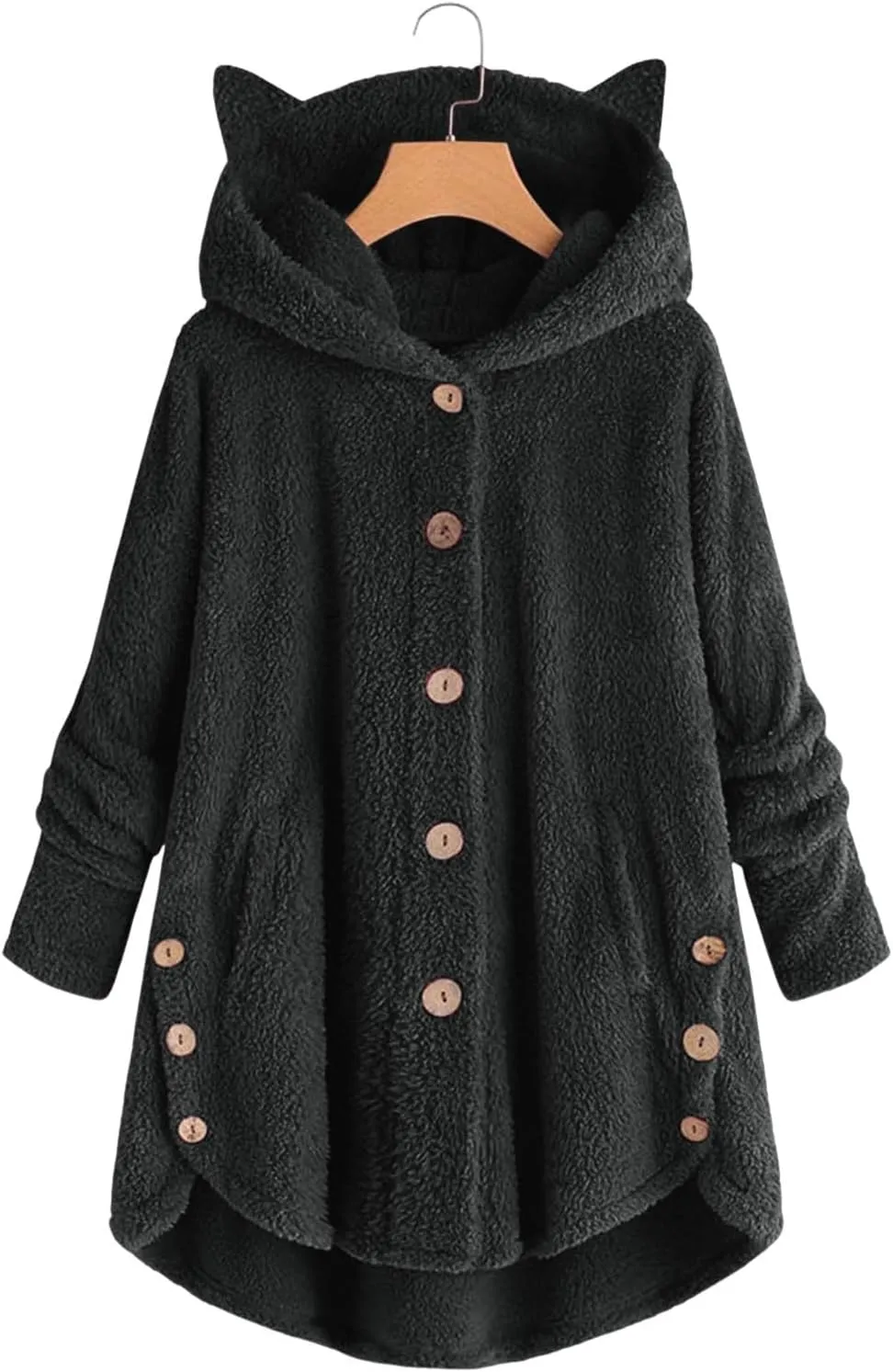 Women's Long Sleeve Hoodies Coat Cat Ear Cap Plush Tops Casual Loose Plus Size Button Stitching Pullover Sweaters