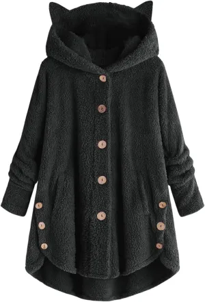 Women's Long Sleeve Hoodies Coat Cat Ear Cap Plush Tops Casual Loose Plus Size Button Stitching Pullover Sweaters