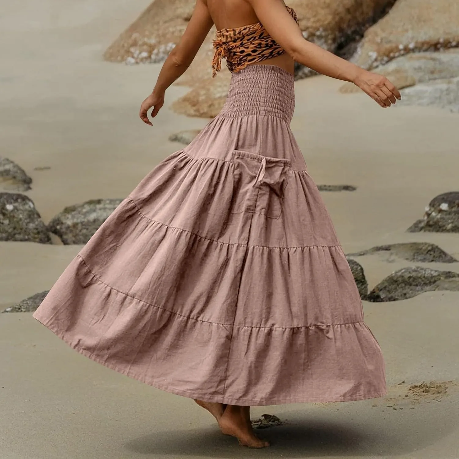 Women's Maxi Boho Skirt Long Pockets Hippie Bohemian Elastic Waist Gypsy Skirt Summer Flowy Pleated Tiered A Line Skirts
