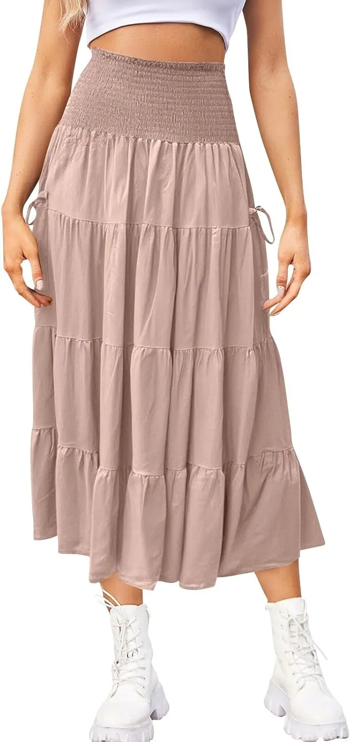 Women's Maxi Boho Skirt Long Pockets Hippie Bohemian Elastic Waist Gypsy Skirt Summer Flowy Pleated Tiered A Line Skirts