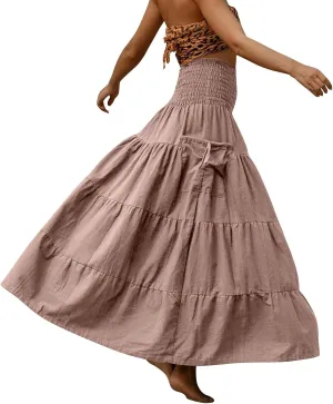 Women's Maxi Boho Skirt Long Pockets Hippie Bohemian Elastic Waist Gypsy Skirt Summer Flowy Pleated Tiered A Line Skirts