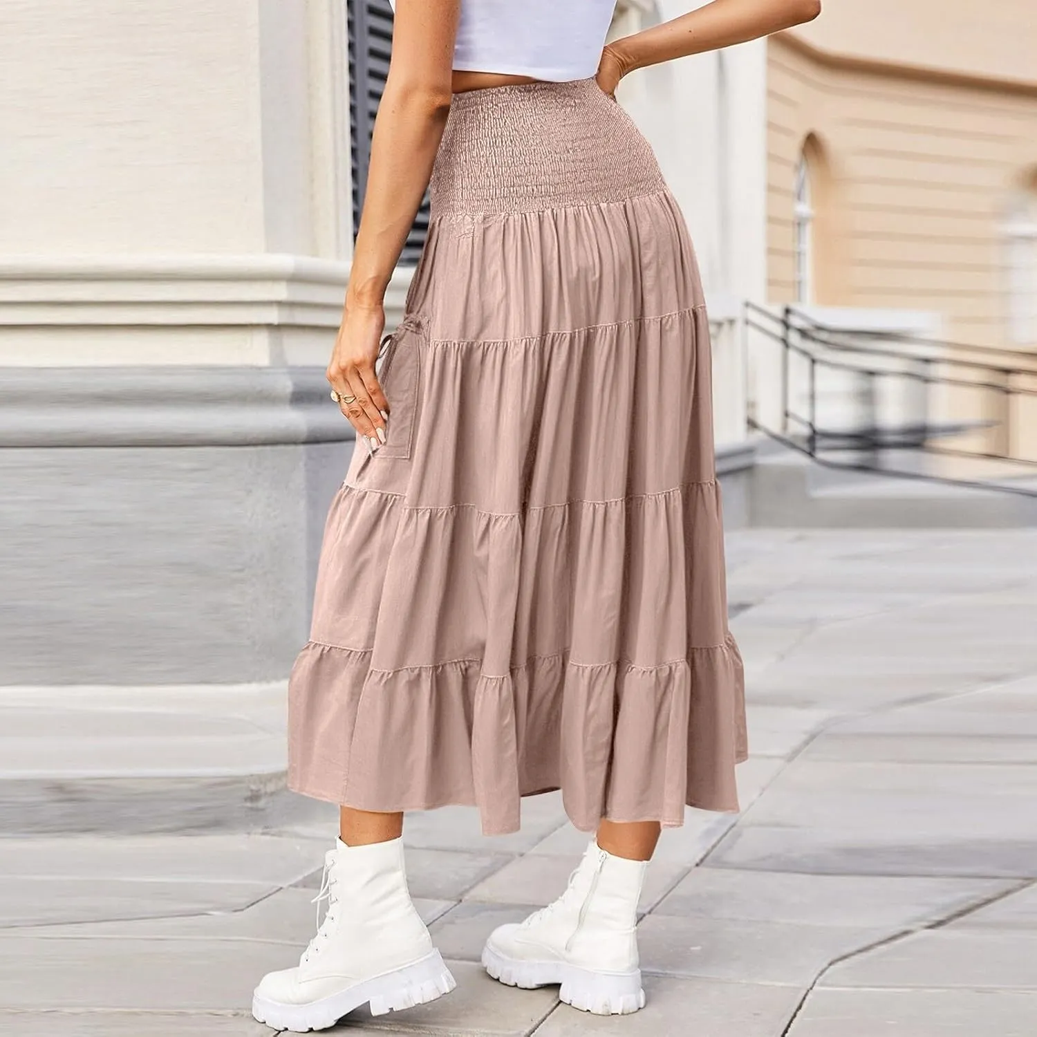 Women's Maxi Boho Skirt Long Pockets Hippie Bohemian Elastic Waist Gypsy Skirt Summer Flowy Pleated Tiered A Line Skirts