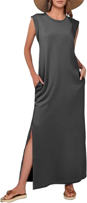 Womens Maxi Dress Summer Casual Sleeveless Sundress Crew Neck Long Dresses Split Wrinkle-Free Dresses with Pockets