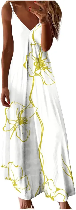 Women's Maxi Dresses 2025 Sexy Spaghetti Straps Beach Vacation Long Dress Floral Flowy Summer Dresses