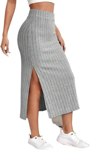 Women's Maxi Skirt Summer Midi High Waist Slit Ribbed Knit Skirt