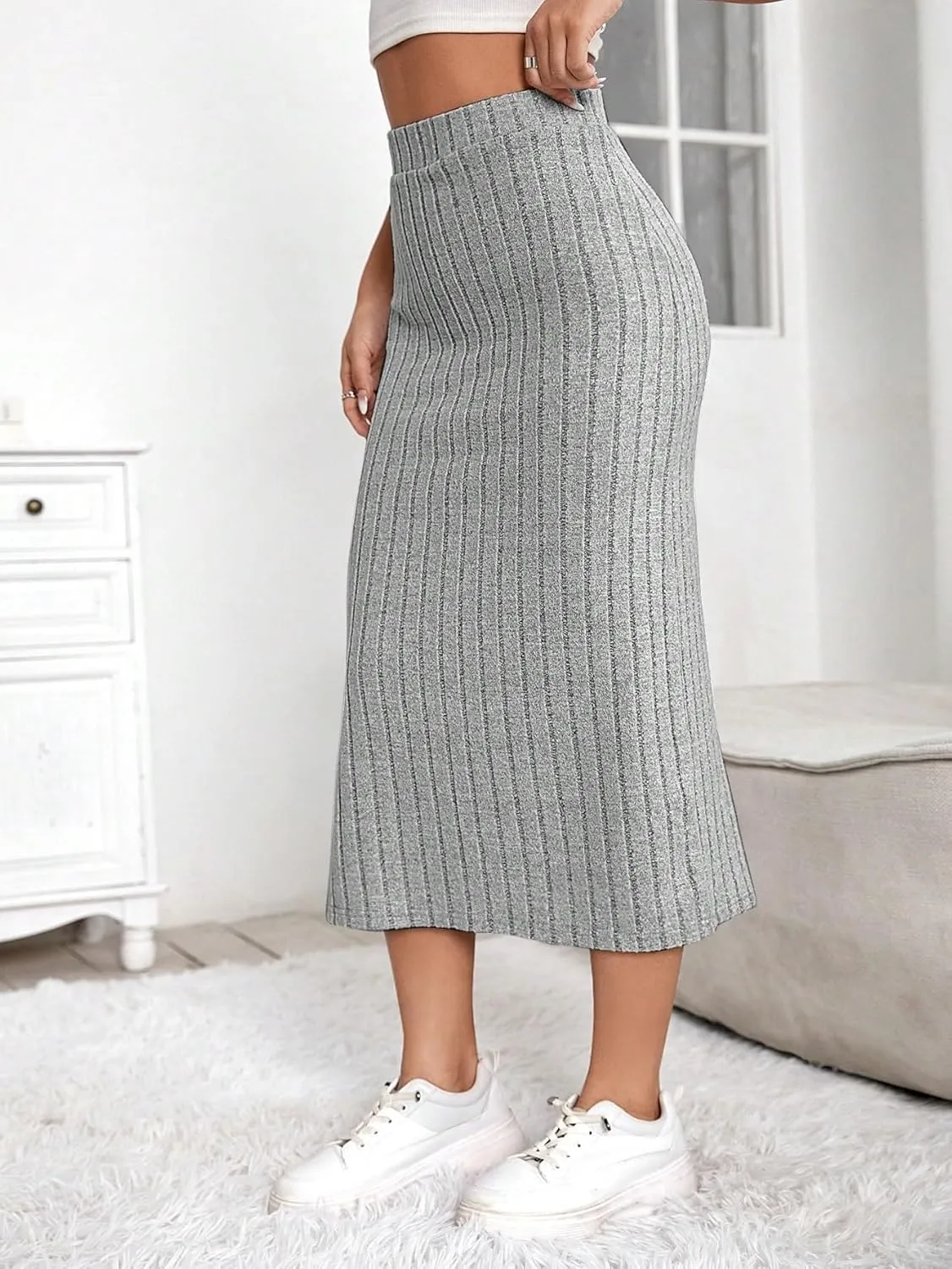 Women's Maxi Skirt Summer Midi High Waist Slit Ribbed Knit Skirt