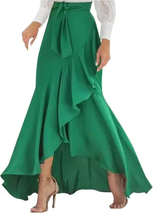 Women's Mermaid Maxi Skirt Summer Fashion Tie Waist Irregular Ruffle Hem Beach Skirts Casual Wrap Party Long Skorts