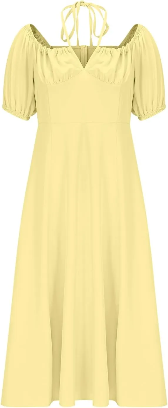 Womens Off The Shoulder Party Dresses Short Sleeve Flowy Long Dress Solid Color Casual Summer Dress